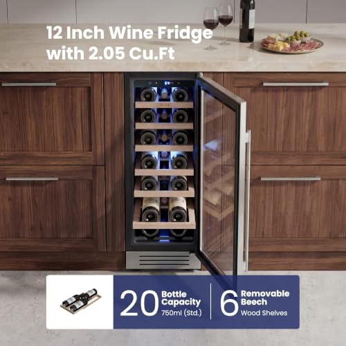 Image of Yeego Wine Fridge Cooler - 12 Inch Wine Fridge Hold 20 Bottles, 40-65F Wine Refrigerator Glass Door, Built in, Freestanding or Under Counter Fridge for Home Bar Office