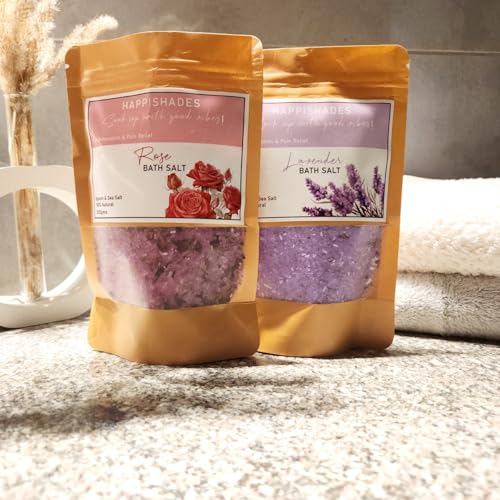 Pack of 2 | Happishades Bath Salt - 200 grams Each - Lavender & Rose | For Body & Foot Spa, Calming, Relaxing, Muscle Aches, Aromatherapy | Pure & Nat