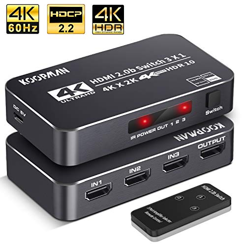 4K HDR HDMI Switch, Koopman 3 Ports 4K 60Hz HDMI 2.0 Switcher Selector