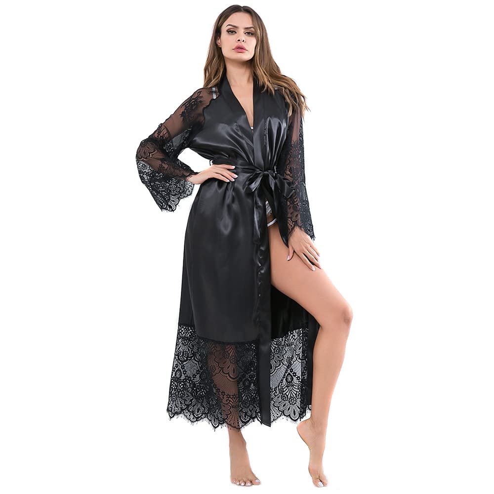 TTPSRY Bata de Satén Mujer Kimono Bata de casa Sexy Encaje Cuello en V Camisones Pijama Vestido Ropa de Dormir Ligera Seda para Novia y Damas de Honor Albornoz Cómodo con Cinturón de Raso Tanga