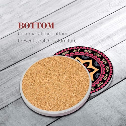 Image of Coaster for Drinks Set of 6, Mandala Flower Floral Retro Absorbent Round Wood Stone Mat, with Cork Base and Metal Holder, Gift for Housewarming Room Bar Decor