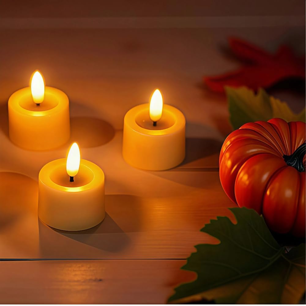 Simplelight Amber Tea Lights Candles Battery Operated – LED Tea Lights with Timer, Pack of 12 Realistic Black Wick Fall Candles for Pumpkin, Halloween, Christmas, Battery Included (Amber)