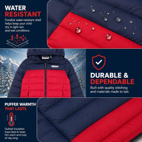 Image of DKNY Boys Winter Jacket, Midweight Puffer Coat, Weather Resistant, Hooded