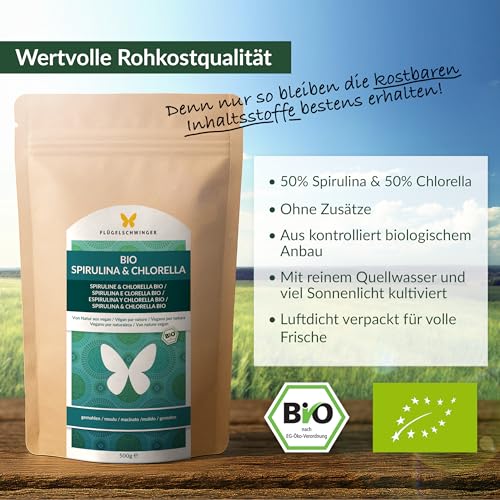 500g BIO Spirulina & Chlorella Pulver, 100% natürlich, rückstandskontrolliert, nach EU-ÖKO-Standard kultiviert und hergestellt, Rohkostqualität, ohne Zusätze (500g)