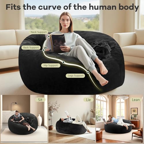 Image of 3FT Big Bean Bag Chairs for Adults,beanbag with Filler，Memory Foam Bean Bag，Super Soft Plush Bean Bag for Living Room Bedroom, Dormitory Reading Lounge Chair (Black, 3 Foot)