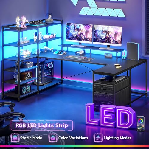Image of DurayLoly 63 inch L Shaped Gaming Desk with Power Outlet & LED Lights,Black | Reversible Corner Desk with 6-Tier Shelves,2 Fabric Drawers,Monitor Stand & CPU Stand,Computer Desk for Home Office,Bedroom