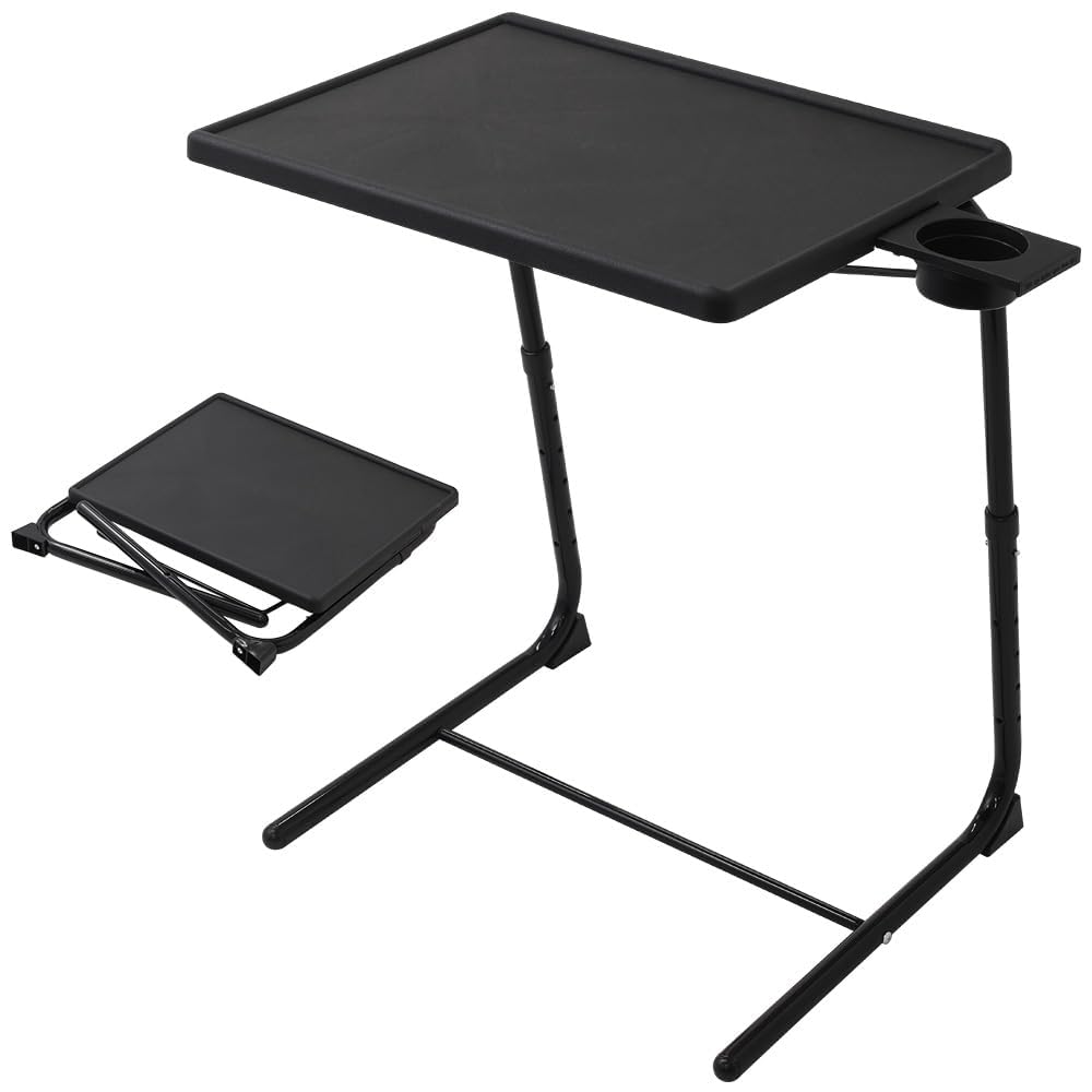 Japard Folding TV Tray Table, Small Bedside Sofa Dinner Table with Cup Holder, Adjustable 6 Height & 3 Tilt Angle (Black_1pcs)