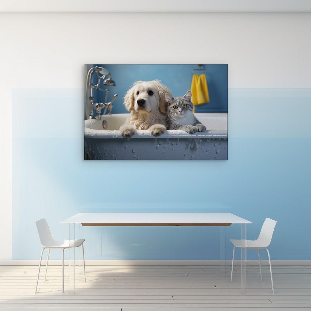 Canvas for Living room. Bathing Buddies - A Peaceful Coexistence of Dog and Cat in a Soothing Bathroom Oasis, 27 x 18 inch Canvas Wall Art - Ready to Hang - 69x46 cm (27x18 inch)
