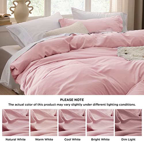 image for Bedsure Pink Duvet Cover Queen Size - 3 Pieces Prewashed Cotton-Like E