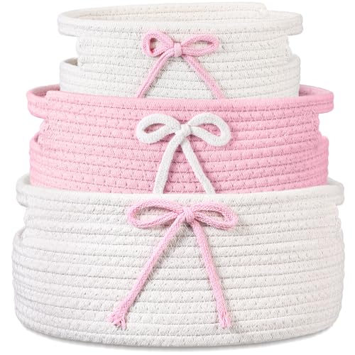 Image of Breling 3 Pieces Pink Bow Baskets Coquette Bow Cotton Rope Storage Basket Pink Woven Gift Baskets Laundry Hamper Rope Bin with Handles for Decoration Organization Storage for Nursery, Pet Toy Basket