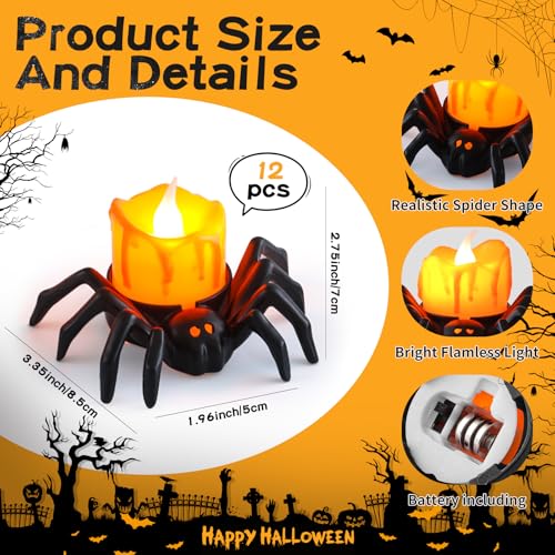 Image of 12Pcs Halloween Spider LED Tea Lights Battery Orange Spooky Home Dec | 3.4X2.8X2 in, Made of Smooth Plastic, Flameless Bright Spooky Decor For Halloween & Fun Holiday Parties