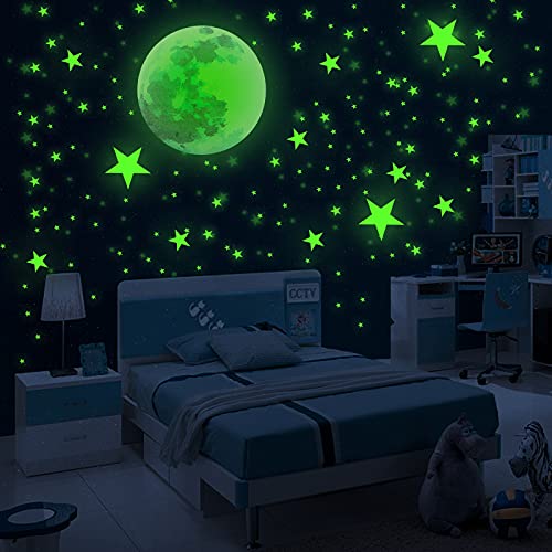 912 Pcs Glow in The Dark Stars for Ceiling, 912PCS Adhesive Wall Stickers, Glow Moon and Stars Wall Decal, Aesthetic Girls Room Decor, Perfect for Nursery Bedroom Decor Kids Room Decor Gift (Green)