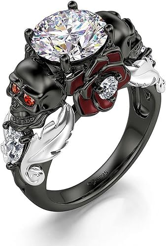Image of Jeulia 2.55ct Skull Engagement Ring Sets Sterling Silver Heart Cut Red Diamond Ruby Rings Cubic Zirconia Wedding Promise Anniversary Romantic Jewelry for Women Grils Bridal with Gift Box
