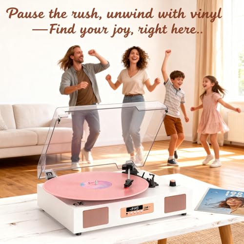 Image of Vinyl Record Player Bluetooth 3-Speed Turntable White & Rose Gold