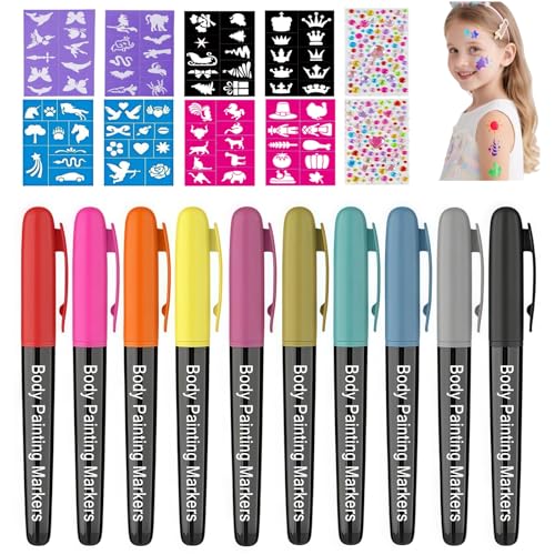 Stylo Tatouage Temporaire Enfant, Kit Tatouage 10 Feutre Tatouage Enfant avec 8 Pochoirs, 2 Autocollants Gemmestatouage, Feutres pour la Peau Faciles à...