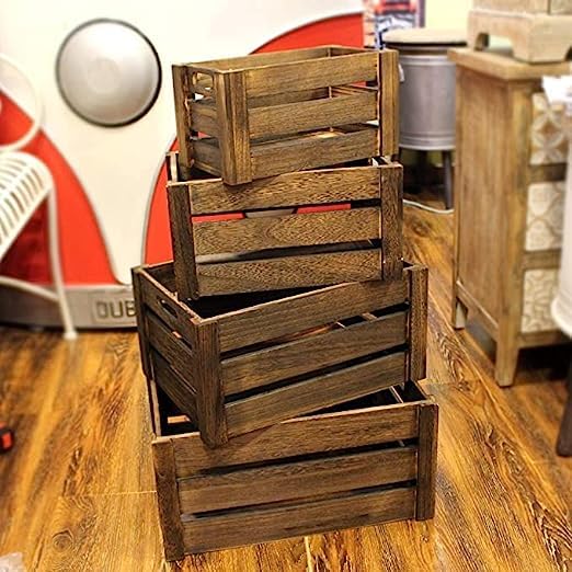 JOHN'SDECOR Wooden Crate Box Set of 4 Nesting Crates Boxes Wooden Storage Box Wooden Nesting Crates with Cut Out Handle Wood Crates Storage Container for Storage Wood Boxes Wood Crates (Brown)