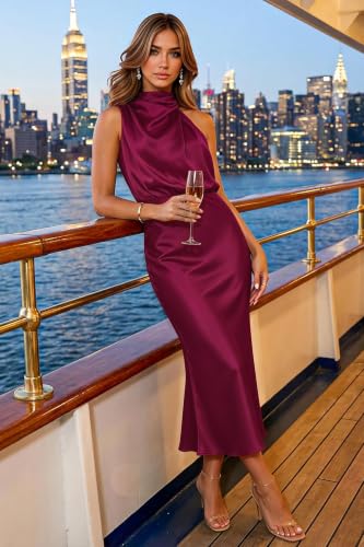 Image of Women's Satin Maxi Dress Summer Formal Wedding Guest Cocktail Dress