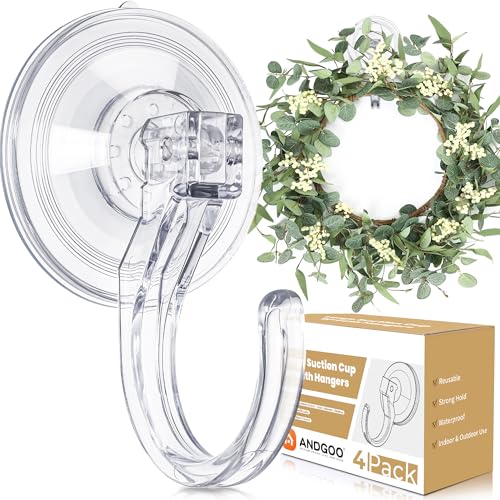 ANDGOO 4 Pack Large Suction Cup Hooks for Door Wreaths, Wreath Hangers for Front Door, Glass, Window, Shower, Upgraded 1.9" Diameter Wreath Holder, No Tools, No Damage, Holds Up to 22 lbs
