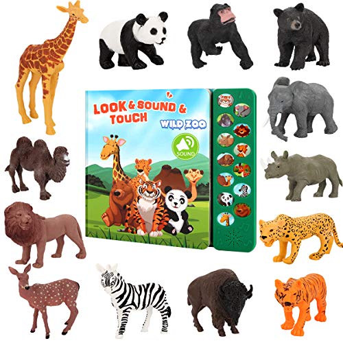 Tudoccy Safari Animals Figures Toys - 13 Realistic Wild Plastic Animal Figurines & Kids Sound Book - Educational Learning Toys Gift for 3 Years Old & Up Boys Girls Toddlers