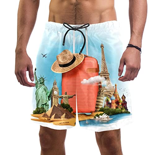 XQSSB Concepto de viaje con patrón de equipaje traje de baño traje de baño playa pantalones cortos de surf para hombres L, multicolor, Large-X-Large