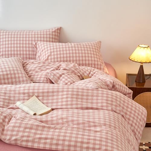 Image of EAVD Vintage Style Gingham Plaid Duvet Cover Queen Pink White Soft 100% Washed Cotton Chic Warm Checkered Bedding Set with 2 Pillowcases Farmhouse Grid Gingham Duvet Cover with Zipper Closure