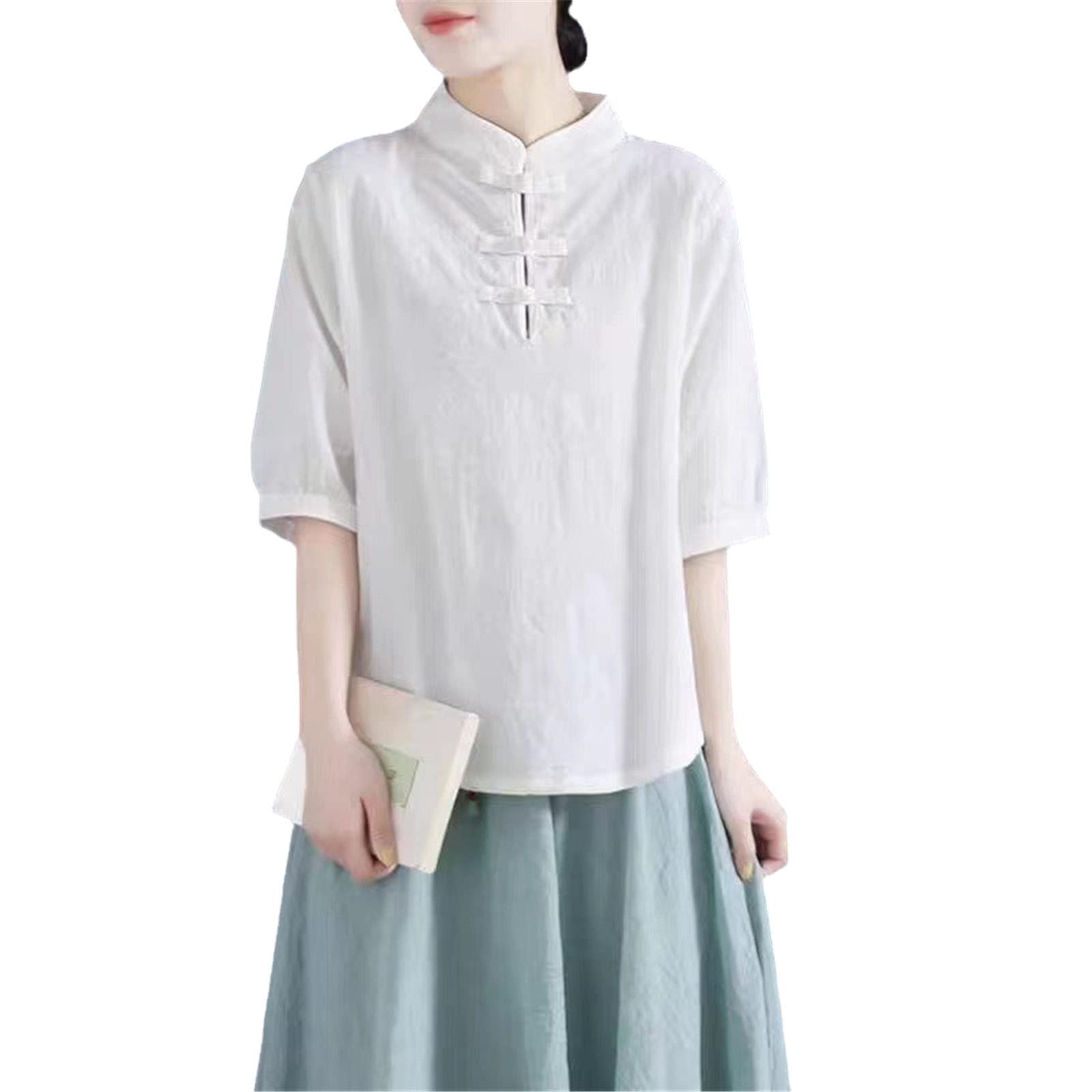 Chemise en coton à manches mi-longues pour femme - Style chinois - Col montant - Grande taille, blanc, XXL