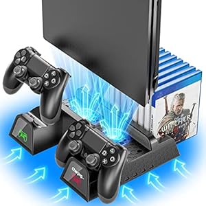 Vertikaler PS4 Standfuß, PS4 Lüfter mit PS4 Controller Ladestation, PS4 Kühler mit ps4 ladestation für Playstation 4/PS4 Slim/PS4 Pro, PS4 Halterung, PS4 Ständer für PS4 Zubehör