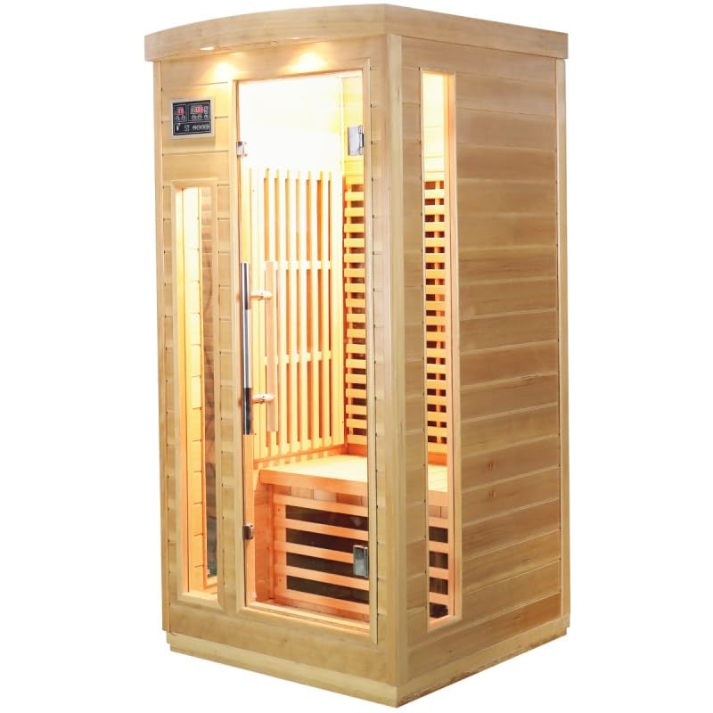 SNÖ Sauna Infrarouge Extérieur 1 Place 1500W | Cabine Hemlock Bois Massif, Chromothérapie LED, Panneaux Carbone | Porte Verre Sécurisé, Ionisateur,...