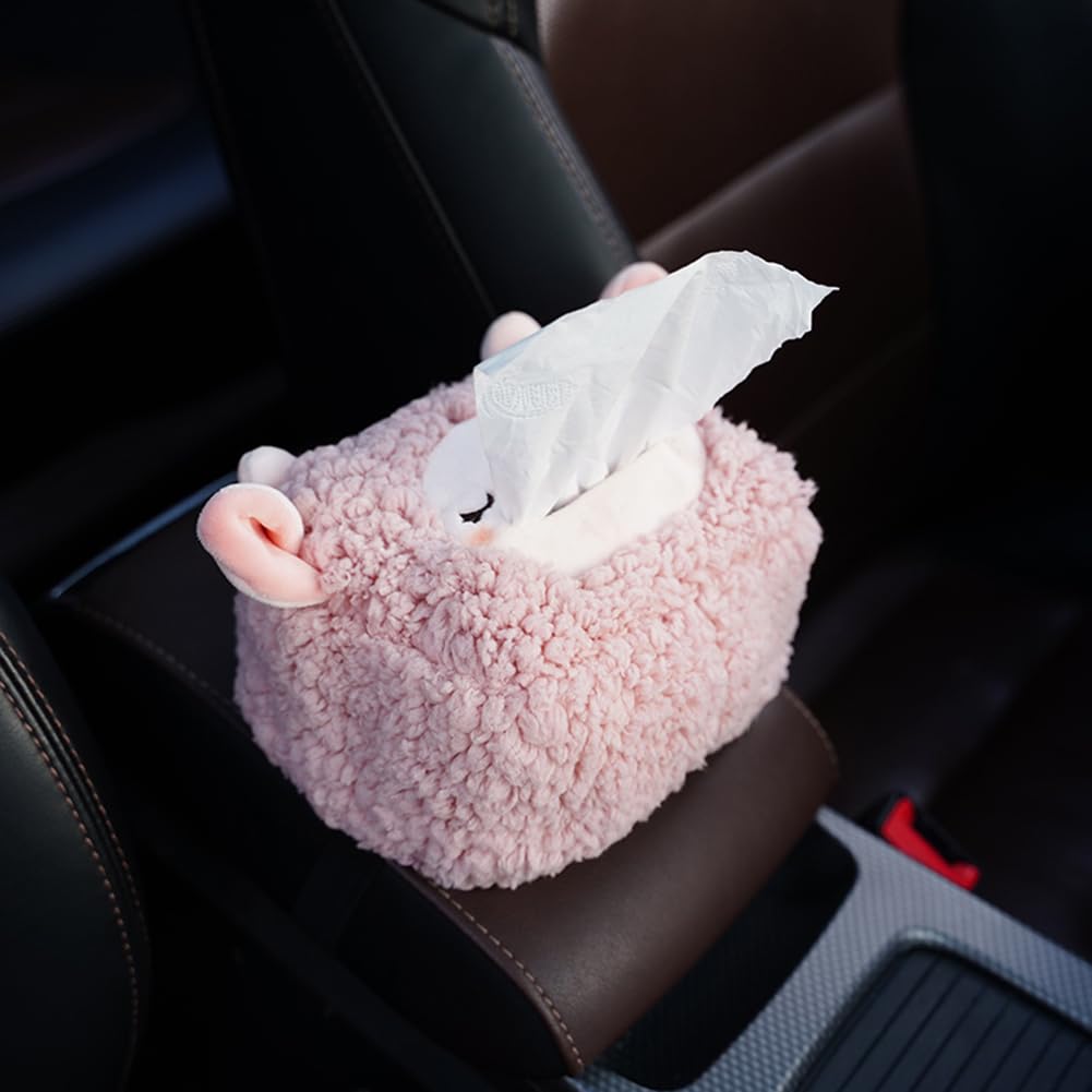Qinqin Store Girls Square Cute Sheep Car Tissue Box Holder Cartoon Plush Car Tissue Box Cover Hanging Tissue Box Holder Facial Napkin Holder (, 18×12×8Cm/7.09"×4.72"×3.15")