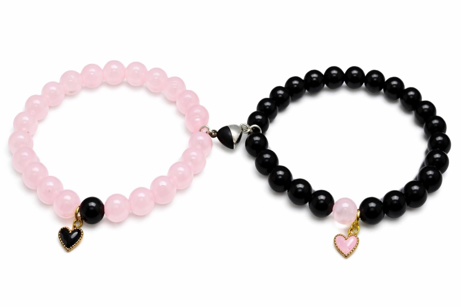 Magnetic Bracelets 2Pcs Love Heart Matching Pink and Black Hearts Beads Bracelet Set Adjustable Bracelets for Men Women Couples Friends Gift Friendship - (Pack of 2)-image-20