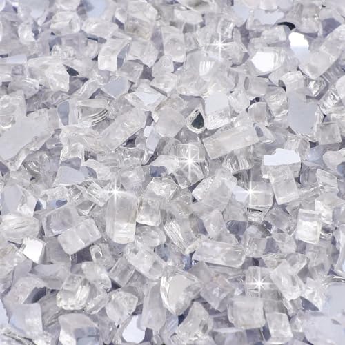 Fire Pit Glass Rocks for Propane Fire Pit, 1/2 Inch Reflective Gas Fireplace Glass Rock Firepit Tempered Glass Rocks Outside Indoor, 5 lbs Clear