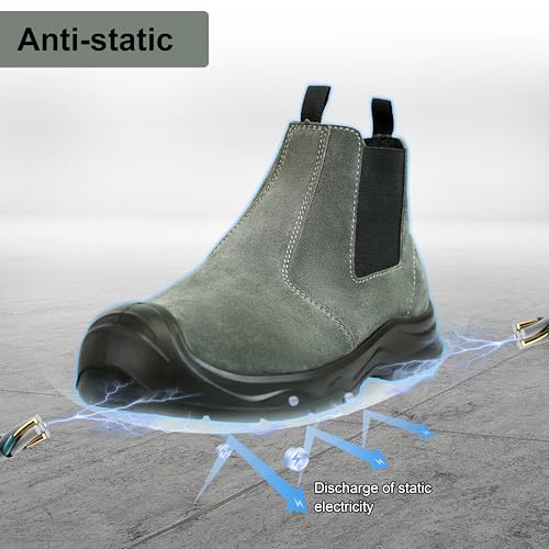 Men‘s Women’s 6in Mid-top Steel Toe Work Boots, Slip-On Chelsea Style, Tumbled Leather Uppers, Non-Slip Outsoles, Toe Protection, No Lace (Gray)2