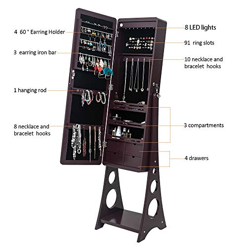 Volledige Spiegel Hout, Vloer-staande 3-lag Plank, 4 Laden, 8 Blauwe Led-verlichting, Verstelbare Gebogen Spiegelkast Voor Sieraden Opslag-donkerbruin - Afbeelding 7