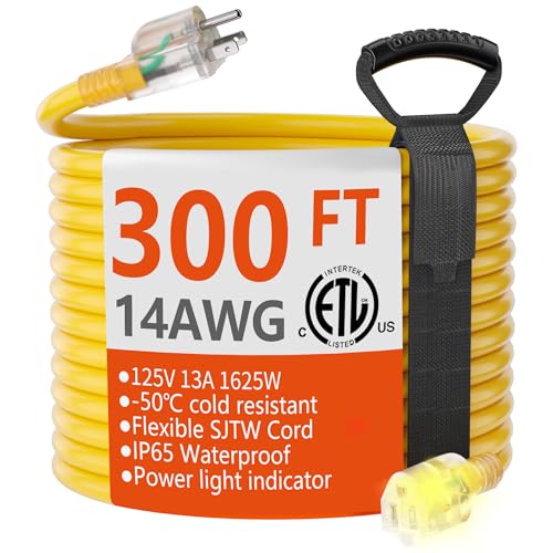 HUANCHAIN 300 ft 14/3 Gauge Heavy Duty Outdoor Extension Cord Waterproof with Lighted Flexible Cold Weather 3 Prong Electric Cord Outside 13A 1625W 125V 14AWG SJTW Yellow ETL Listed