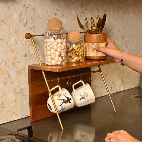 Image of Brick Brown Handcrafted Premium Kosh Kitchen Organizer | Wooden Spice Rack | Kitchen Countertop | Multipurpose Office Storage Rack with 4 Hooks, Display Shelf & Storage Compartment | 16.5x7x15 Inch
