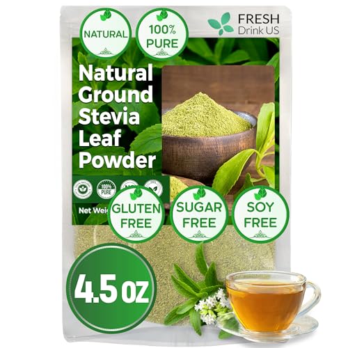 Image of FreshDrinkUS, Premium 4.5oz Stevia Leaf Powder, Unprocessed Ground Stevia Leaves, 100% Natural & Pure, Stevia Leaf Sugar Substitutes, Natural Zero-Calorie Sweetener, No Additives, No Gluten, Vegan.