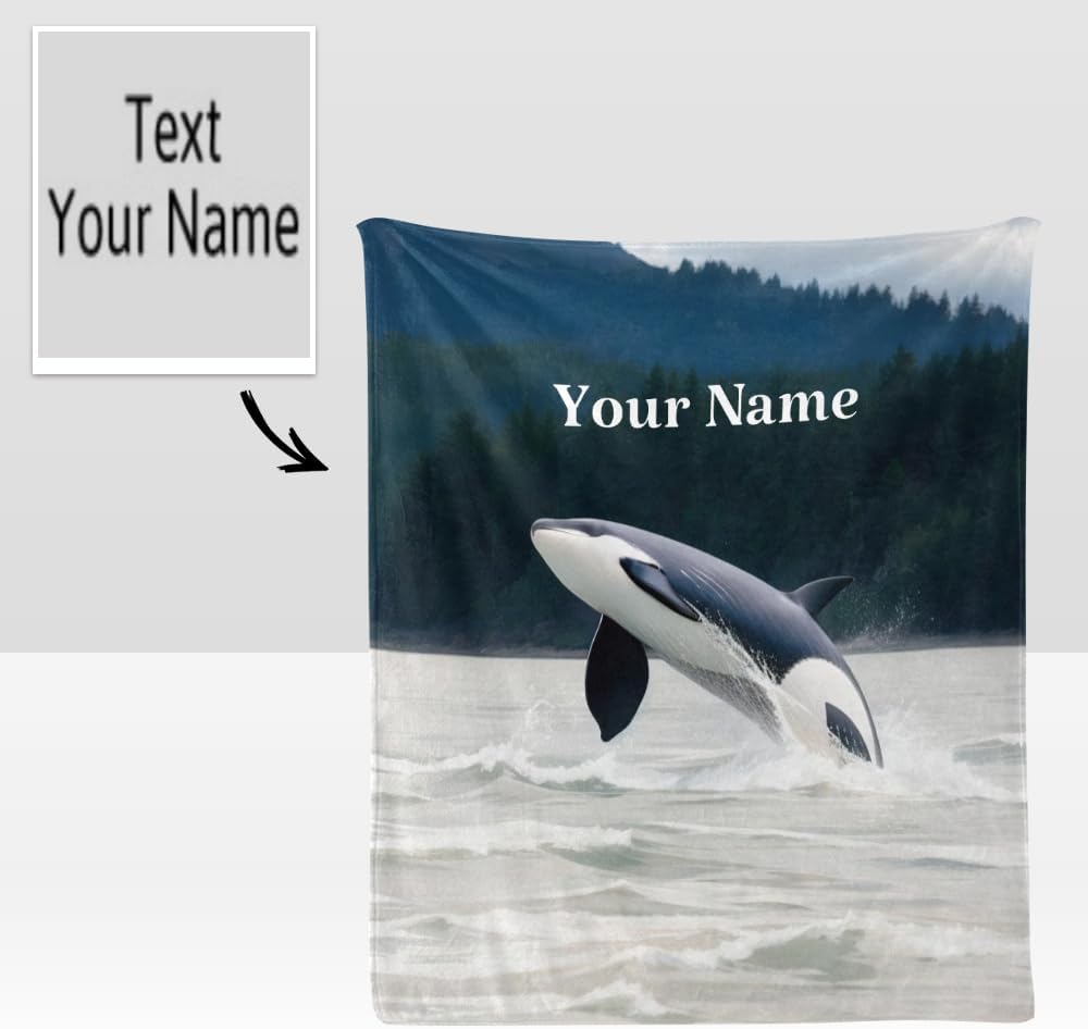 Custom Blanket with Name Text,Personalized Jumping Killer Whale Super Soft Fleece Throw Blanket for Couch Sofa Bed (50 X 60 inches)