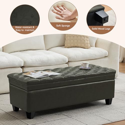 Image of WUTUTUEE 50 inch Faux Leather Storage Ottoman Bench, End of Bed Upholstered Rectangle Storage Ottoman Tufted Living Room Bedroom Bench with Safety Hinge, Solid Wood Legs, Loads 500 lb(Green)