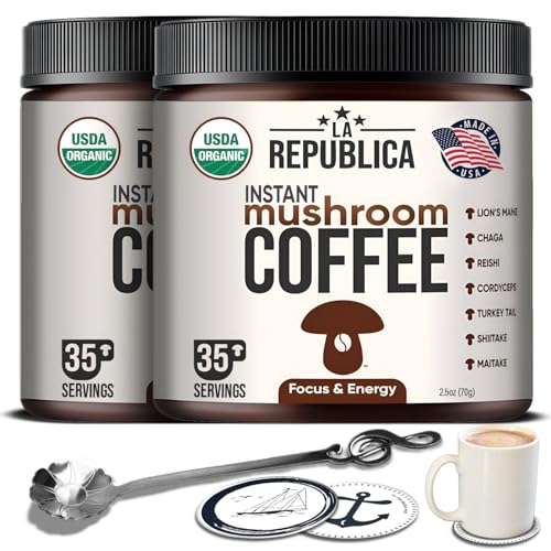 La Republica Instant Mushroom Coffee Organic 2-Pack (70 Servings), 100% Arabica with Lion's Mane, Reishi, Chaga, Cordyceps, Shiitake, Maitake, Turkey Tail