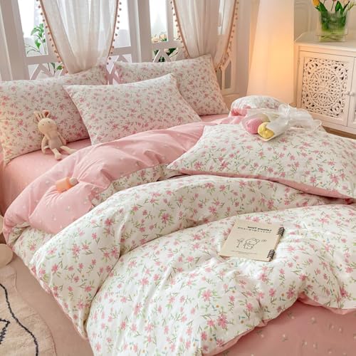 Image of VM VOUGEMARKET Girl's Pink Flower Duvet Cover Set, Twin, Pink White