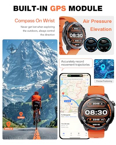 Image of AOLON GPS Smart Watch for Men, 1.43'' AMOLED Smartwatch with Compass /Barometer /Altimeter, Heart Rate /Sleep Monitor, 30M Waterproof, 60+ Sports Fitness Tracker for Android /iOS, Black & Orange (2 Bands)