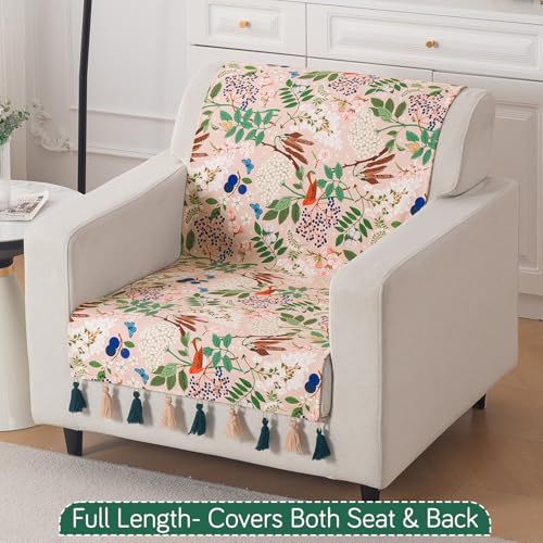 Image of HOKIPO Sofa Cover with Tassel for 1 Seater Sofa | Full Protection for Seat and Back | Printed Holland Velvet Fabric | 'Whispers of Nature' (160x60 cm), Beige Woodland Bloom (IN-1125-D4)