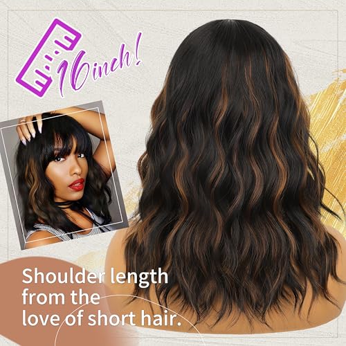 Image of Nnzes Black Mixed Brown Wig with Bangs Short Bob Wavy Wigs Synthetic Curly Wig for Women Natural Looking Heat Resistant Fiber Hair for Daily Party Use