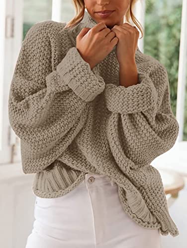 Image of ZESICA Women's Turtleneck Batwing Sleeve Loose Oversized Chunky Knitted Pullover Sweater Jumper Tops,Camel,XX-Large