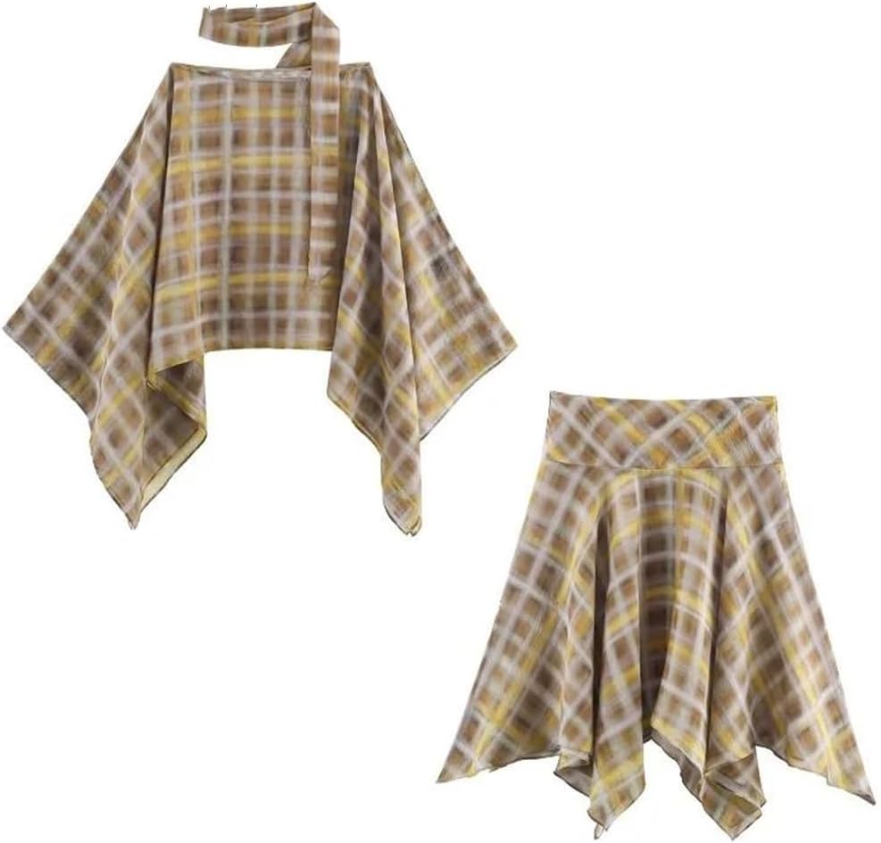 Women Tie Up Asymmetrical Shirt Set High Waist Irregular Short Skirt Scarf Casual Set