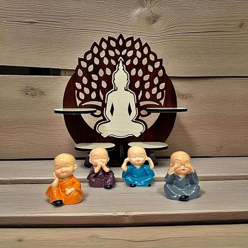 Image of P Arts Buddha Monk Under Tree Showpiece Set of 4 for Home Decor | Monk Tree Statue with Wooden Stand | Meditation Buddha Figurines | Spiritual Gift & Office Table Decor