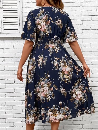 Image of Floerns Women's Plus Size Boho Hawaiian Tropical Dresses V Neck Short Sleeve Floral A Line Long Dress Vacation Beach Outfits
