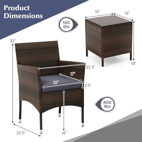 KOTEK 3 Piece Patio Furniture Set, Outdoor Wicker Patio Chairs with Soft Cushions & Tempered Glass Top Table, PE Rattan Bistro Set for Porch, Garden, Balcony (Grey) - Image 7