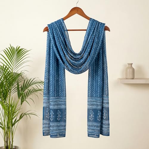 Image of Women's Striped Pattern Pure Cotton Jaipuri Printed Dupatta Lightweight Soft Comfortable Traditional Design