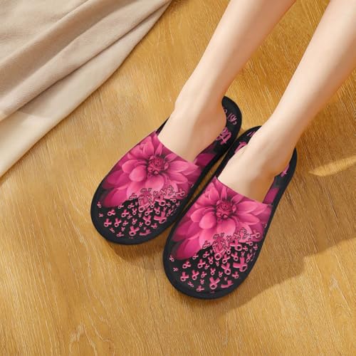Breast Cancer Awareness Flowers Slippers Cozy Non-Slip Indoor Shoes Soft Fluffy House Slippers For Women Men3